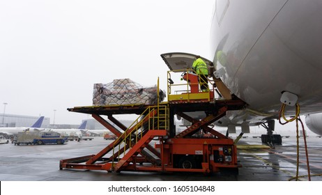 Airline Ground Staff Open Airplane Cargo Door For Loading Cargo, Conveyance Truck, Ground Services, Loading Platform, Shipping Goods.