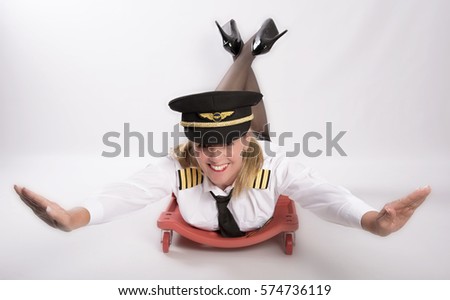 Airline officer laying on a trolley in a concept of flying