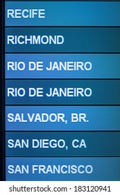 Airline scheduled flight destinations monitor in airport lists Recife  Richmond  Rio de Janeiro  Salvador  San Diego    San Francisco screen