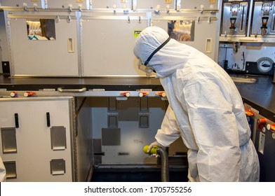 Airlines Galley Cleaning For Coronavirus Covid-19. Airplane Cabin Deep Cleaning.