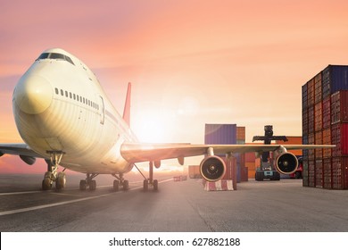 Airplane At Airport With Container Yard Concept Of Business Product Shipping Delivery Transfer. 