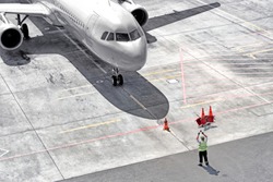 Front view of airplane at airport. Preparation passenger plane before ...