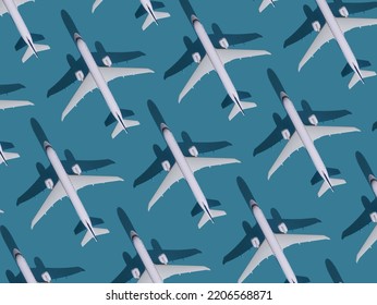 Airplane Background. Flights, Travel And Aviation. Pattern Of White Planes On A Blue Background. The Passenger Plane Is Flying. Air Transport Concept.