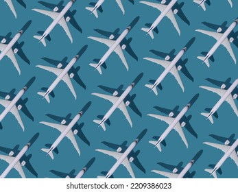 Airplane Background. Flights, Travel And Aviation. Pattern Of White Planes On A Blue Background. The Passenger Plane Is Flying. Air Transport Concept.