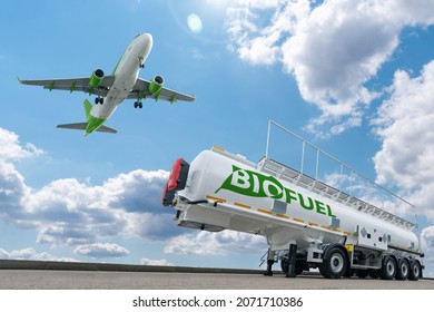 Airplane And Biofuel Tank. Decarbonization Concept