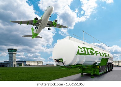 Airplane And Biofuel Tank Trailer On The Background Of Airport. New Energy Sources