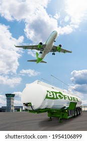 Airplane And Biofuel Tank Trailer On The Background Of Airport. Carbon Neutral Transportation Concept