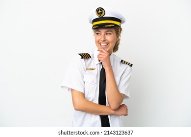 Airplane Blonde Woman Pilot Isolated On White Background Looking To The Side And Smiling