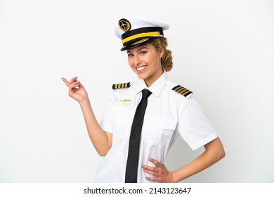 Airplane Blonde Woman Pilot Isolated On White Background Pointing Finger To The Side