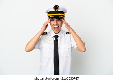 Airplane Blonde Woman Pilot Isolated On White Background With Surprise Expression