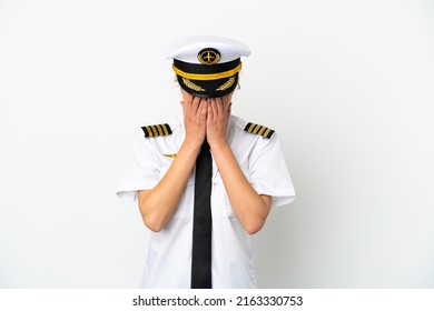 Airplane Blonde Woman Pilot Isolated On White Background With Tired And Sick Expression