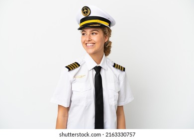 Airplane Blonde Woman Pilot Isolated On White Background Looking Side