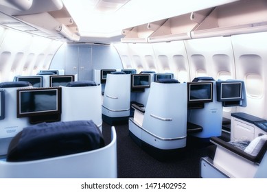 Airplane Cabin Business Class Interior View.