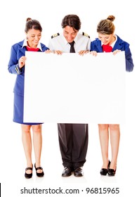 Airplane Cabin Crew Holding Banner Ã?Â¢?? Isolated Over A White Background