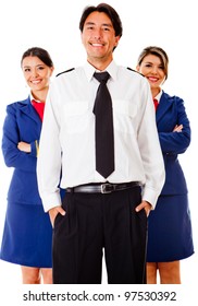 Airplane Cabin Crew With Pilot And Air Hostesses - Isolated Over White