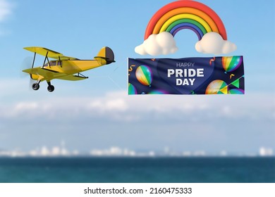 Airplane Carrying The Pride Day Flag With Rainbow On The Sky.