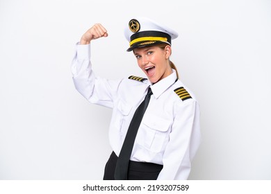 Airplane Caucasian Pilot Woman Isolated On White Background Doing Strong Gesture