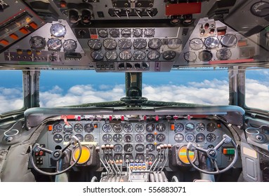 Airplane cockpit view.