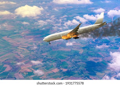 The Airplane For Commercial Passenger Or Cargo Transportation Aircraft Was On Fire Or Burns Down At The Engine During Flying In Sky Over Ground And Spread The Wheel For Emergency Landing