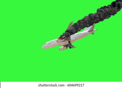 Airplane Crash Isolated On Green Screen.