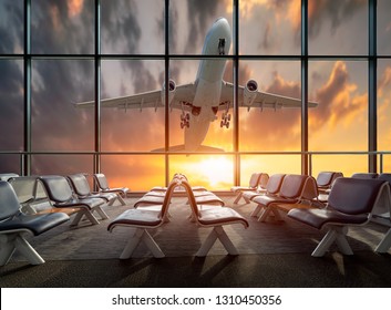 airplane departure  at sunset