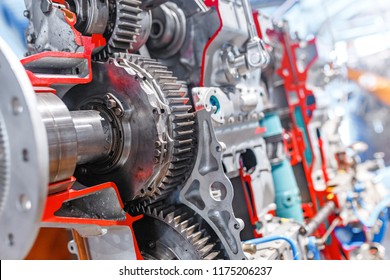 airplane engine close up view as machine or industrial background