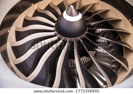 Airplane engine. Modern aircraft engine. Aviation technology. Composite material blades. Boeing 787 Dreamliner engine. General Electric GEnx-1B.