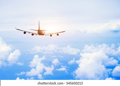 Airplane Fly In The Sky, International Passenger Flight, Travel Concept Background