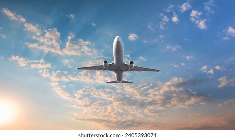 Airplane flying above tropical sea at sunset - Powered by Shutterstock