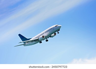 Airplane, flying and blue sky for travel, holiday and vacation or immigration opportunity with New Zealand airline. Plane, aircraft and transportation in air or outdoors for an international flight - Powered by Shutterstock