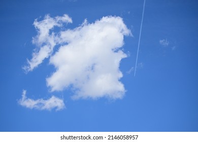 Airplane flying leaving chemtrails next to a big white cloud. Blue clear sky.