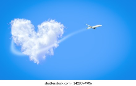 Airplane flying on the sky with cloud heart shape. Happy take care travel and good trip concept. - Powered by Shutterstock