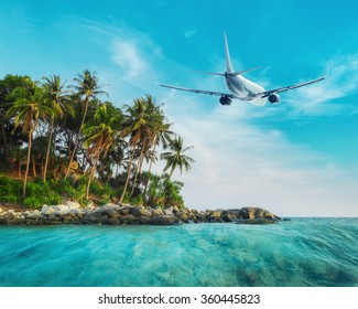 Airplane Flying Over Amazing Ocean Landscape With Tropical Island. Thailand Travel Destinations 
