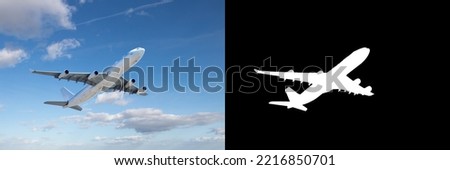 Airplane flying over sky, with clipping mask and path