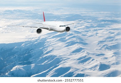 An airplane flying over a taurus mountain range, with snow-capped peaks visible below - Powered by Shutterstock