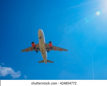 Airplane Flying, Plane Taking Off In Sunny Day