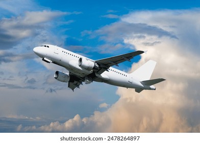 Avión volando en el cielo - fondo de viaje con avión volador con librea en blanco