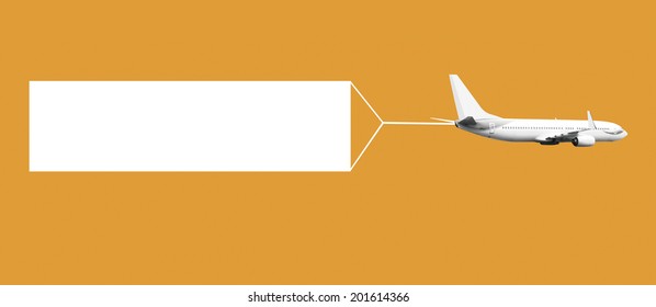An airplane flying through the sky pulling a blank white banner to add your own message.