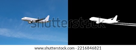 Airplane flying with trail of smoke from engines over sky, with clipping mask and path