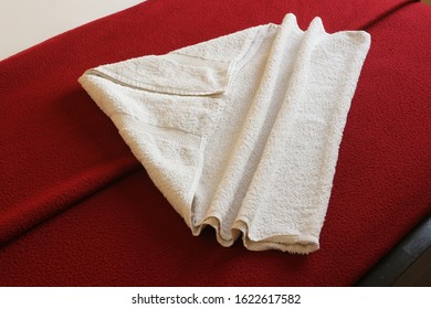 An Airplane Folded Towel On A Red Blanket On A Bed In A Hotel.