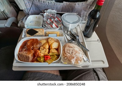 Airplane Food Provided On A Long Distance Transatlantic Flight