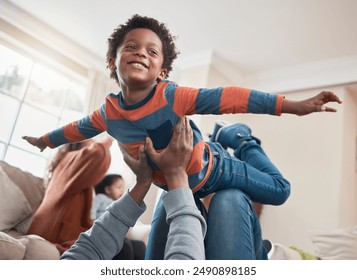 Airplane, fun and black child with father on living room floor with love, bonding and joy with game at home. Flying, playing and face of boy smile with parent in lounge with fantasy, plane or lift - Powered by Shutterstock