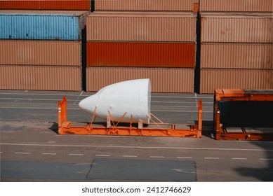 Airplane Fuselage Loaded And Lashed In The Flat Rack Container For International Transportation