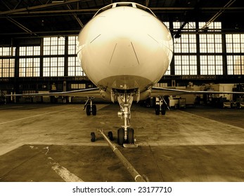 Airplane In Hanger, (front-nose).