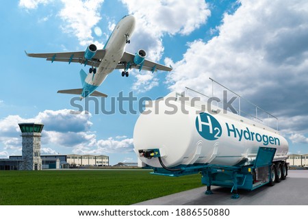 Airplane and hydrogen tank trailer on the background of airport. New energy sources