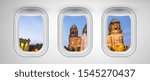 Airplane interior with window view of Berlin City, Germany. Concept of travel and air transportation.