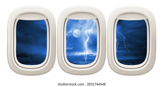 Airplane Interior With Window View. Full Moon, Lightning And Stormy Night. View From Airplane Window