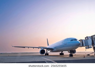 airplane jet waiting to runway on taxi lane in airport and aircraft traffic to take off with sunset background, view from window air plane