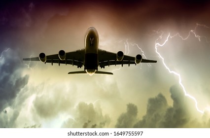 Airplane Just After Take Off From The Airport, Skyward View During A Storm,