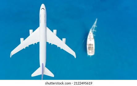 Airplane Landing Above Beautiful Beach And Sea Background